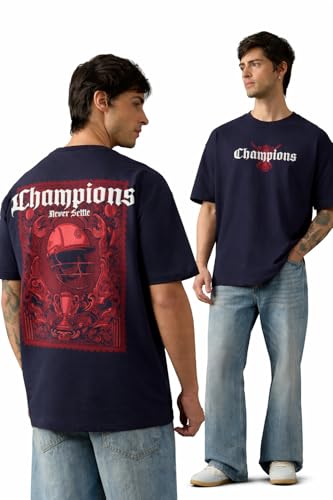 Image of The Souled Store Champions Men and Boys Short Sleeves Round Neck Navy Blue Graphic Printed Cricket Graphic Casual Lightweight Drop Shoulder Streetwear Trendy Oversized T-Shirt