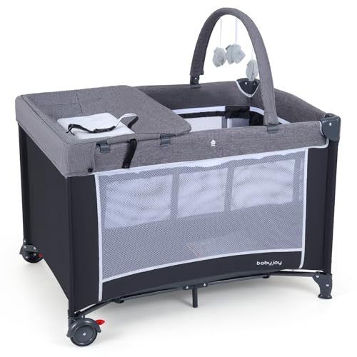 BABY JOY 3 in 1 Pack and Play, Travel Crib Bassinet Bed for Baby, Changing Table w/Safety Belt, Toy Bar, Lockable Wheels, Portable Baby Playard from Newborn to Toddler