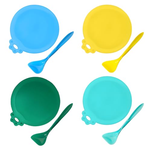 Silikon Dosendeckel für Katzenfutter – 4er Set mit Löffel, Deckel für Dosen in 4 Farben (Blau, Gelb, Grün, Cyan), 3 Größen für 65mm, 75mm, 85mm Dosen, Universeller Deckel für Katzen- und Hundefutter