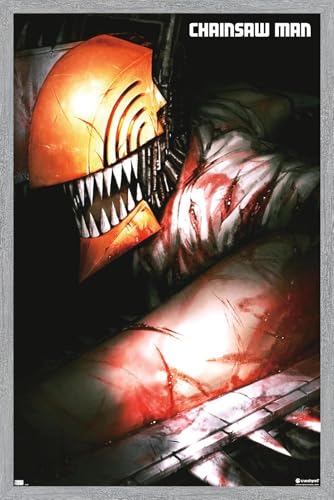 Trends International Chainsaw Man - Teaser Key Art Wall Poster, 22.4L x 14.7W, Gray Framed Version