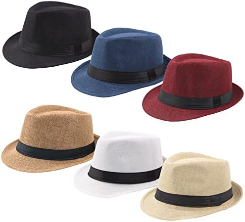 Elfcool 6 Pack Unisex Fedora Hats Short Brim Classic 1920s Trilby Panama Hat Summer Beach Sun Fedora Hat for Men Women (Assorted Colors, Size L)