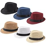 Elfcool 6 Pack Unisex Fedora Hats Short Brim Classic 1920s Trilby Panama Hat Summer Beach Sun Fedora