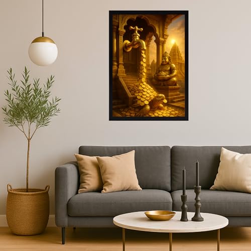 Image of DIVARTH Vastu Money Tap Frame - Gold Coin Flow Painting for Living Room, Home, Office Decor - West Wall Wealth Attraction & Positive Energy - 10x13 Inch (Black)