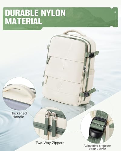 Image of Vacuum Backpack Travel with Pump for Women,Flight Approved 18x14x8 inches,Travel Backpack with Vacuum System,15.6 Inches Laptop Bag,Rice White with Green