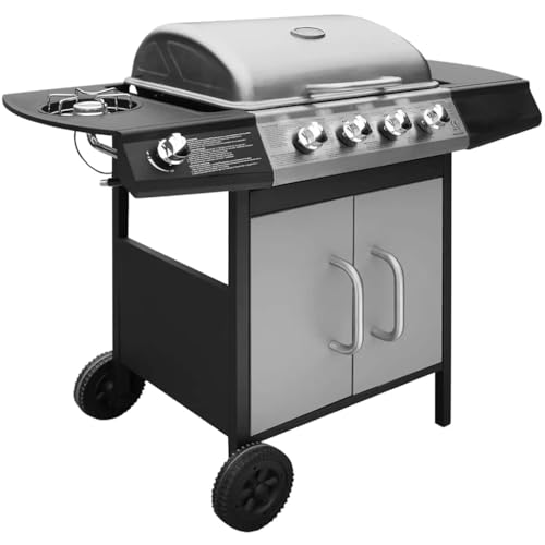 Barbacoa de gas 4 + 1 llamas, color negro y plateado, acero inoxidable y material SPCC, duradera y fácil de limpiar, perfecta para jardín y balcón