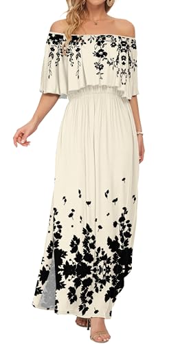 Image of AUSELILY Womens Off Shoulder Ruffle Split Summer Maxi Dresses with Pockets | Off-shoulder Ruffle dress with empire waist & side split for summer beach and casual parties