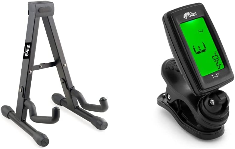 Stagg SUVM-A100BK Foldable A Stand for Ukuleles, Mandolins and Violins - Black & TIGER T-47 Clip-On Digital Chromatic Tuner for Acoustic, Electric, Bass Guitars, Banjo, Ukulele, Violin Black