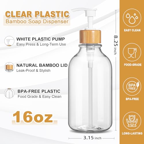 KASUNTING Hand Soap Dispenser, 2 Pack Clear Dish Soap Dispenser for Kitchen, 16 Oz Plastic Bathroom Hand Soap and Lotion Dispensers Set with Bamboo Pump, Refillable Liquid Soap Bottles