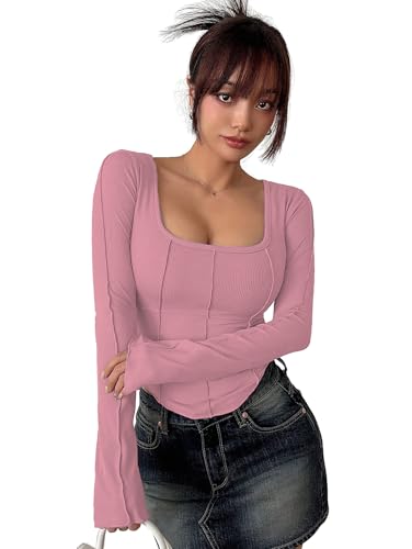 Image of Sugathari Women's Black Solid Long Sleeve Wrap-Style Square Split Crew Neck Bodycon Women T-Shirt Spring and Summer Top, Minimalist and Fashionable for Everyday Casual Wear Tops (T-Shirt 181)