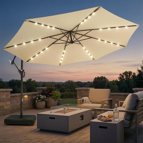 wikiwiki 10ft Solar LED Patio Umbrella with Base Included Offset Umbrella with Weighted Sandbag Base Cantilever Patio Umbrellas for Backyard Garden & Deck 32 LED Lights & Polyester Shade Beige