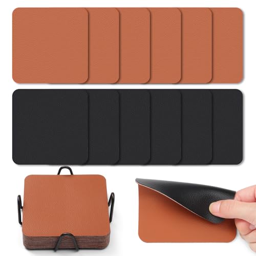 Myir JUN Coasters Glass Coasters set of 12 4 inch Double Sided Faux Leather Coaster Waterproof Non-slip Easy to Clean with Coaster Holder(Black Brown)
