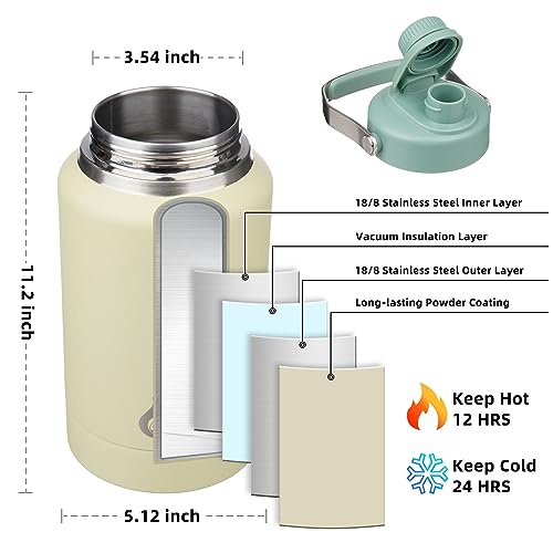 Image of BJPKPK 64oz Insulated Water Bottles, Dishwasher Safe Half gallon Water Bottle with Metal Handle, BPA Free Spout Lid & Detachable Bowl, Large Stainless Steel Jugs, Chartreuse