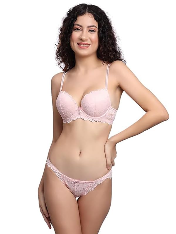 Image of Brachy Women's Net Fabric Padded Underwire Push-Up Bridal Bra Panty Set