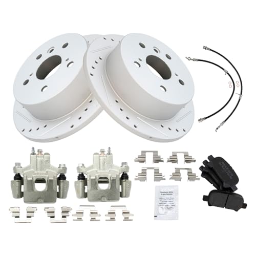 Image of TRQ Performance Rear Brake Pad and Rotor Set Semi Metallic Slotted Drilled Calipers Compatible with 2006-2007 Toyota Avalon 2006-2008 Solara