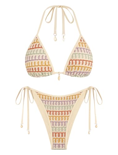 ZAFUL Women's Colorblock Stripes Triangle Halter Tied Textured Bikini Set