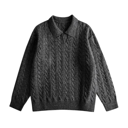 Men's Twisted Cable Knit Sweater Lapel Loose Long Sleeve Pullover Casual Solid Jumper