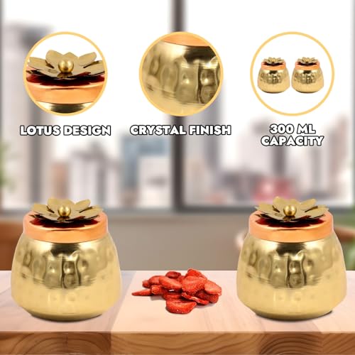 Image of Kalakriti Hammered Gold Copper Finish Dryfruits Jar with Lid (Set of 2, 4x4 inch) | Airtight Food Storage Containers | Dining Table Decor | Home Decoration Jars for Wedding Diwali Return Gift