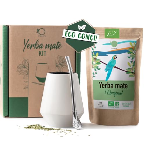 ORIGEENS CALEBASSE MATÉ - Conditionné en France - Kit Mate Complet avec Tasse Maté Céramique Artisanale (Portugal), Bombilla, Yerba Mate BIO inclus - Coffret Cadeau