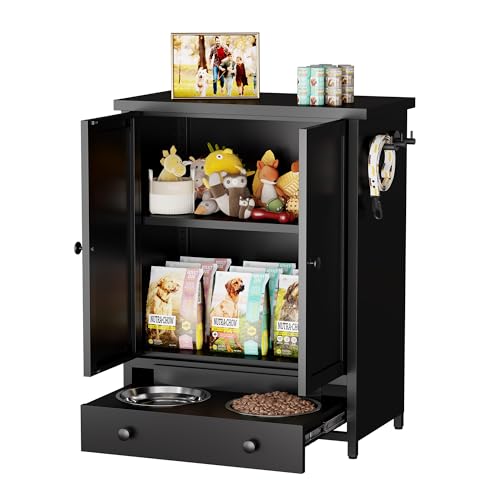 Dog Feeding Station with Storage, Metal Dog Food Storage Cabinet with 2 Elevated Bowls and 3 Hooks, Pet Feeding Station and Food Storage Organizer, Black