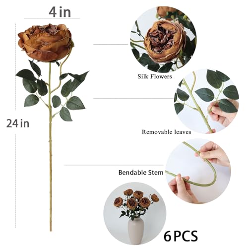 Image of mizii 6Pcs Burnt Orange Artificial Roses Flowers Fake Silk Roses Flower with Long Stem for Wedding Decorations Table Centerpieces Flower Arrangement Home Decor (Burnt Orange)