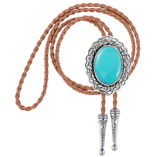 Image of Jeilwiy Bolo Tie for Men Real Stone Westwern Cowboy Ties Silver Bolos Women Leather Necktie Gift for Birthday Christmas