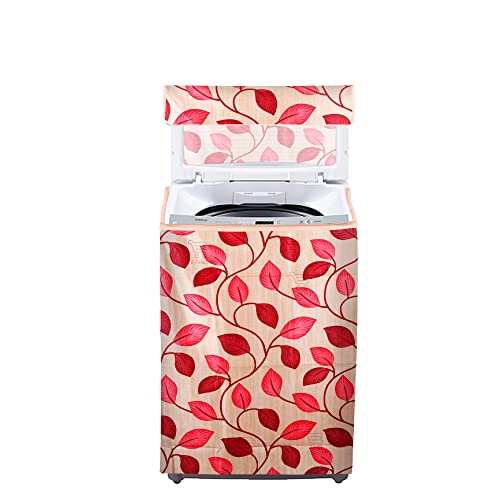Image of Washing Machine Cover for Top Load 5kg to 7.5kg | Light Weight Dustproof Polyester Cover with Zip Enclosure | Leaf Print Fully Automatic Washer Protector Indoor Outdoor Use- Size 23x23x35 inch