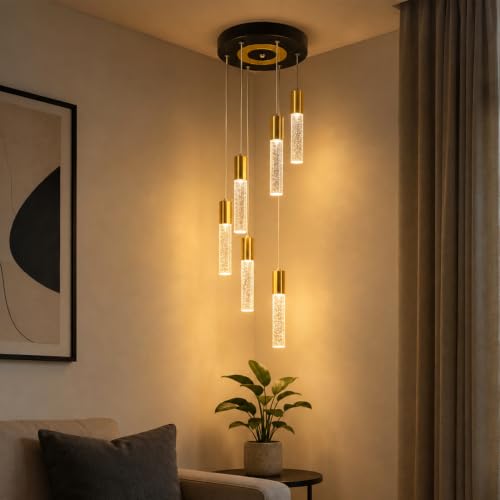 Image of Lamp master Bubbleora 6-Light Crystal Bubble LED Pendant Light, Modern Hanging Ceiling Light with 3 Color Options, Antique Gold Finish, Adjustable Height for Living Room, Bedroom & Dining Room
