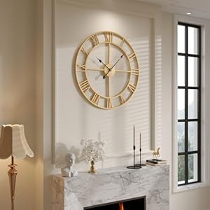 Gold Wall Clock, 24 Inch Large Wall Clock for Living Room Kitchen Mantel, Completely Silent Non Ticking Battery-Operated Metal Round Luxury Decorative Modern Clock – Roman Number