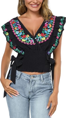 YZXDORWJ Women Mexican Embroidered Off-Shoulder Shirt Lace Falbala Top