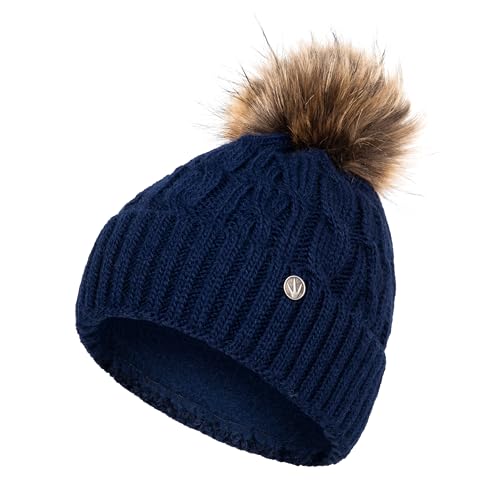 HEYO Damen Wintermütze mit Fleece Innenband H18527 | Slouch Beanie Winter Mütze | Warme Strickmütze mit Bommel | Bommelmütze (Dunkelblau)