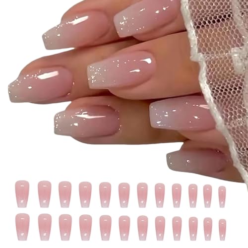Hebterrka 24 uñas postizas, uñas cortas cuadradas para pegar con bonitos diseños de estilo