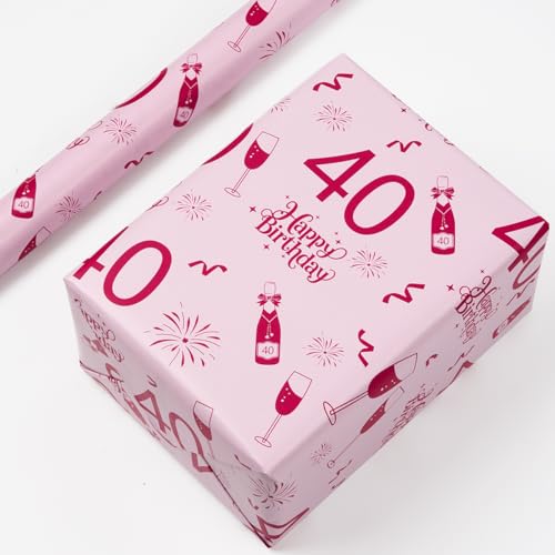 6 m x 43 cm Geschenkpapierrolle zum 40. Geburtstag, rosa Geschenkpapier für Geburtstagsgeschenke