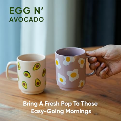 Image of Shay Ceramic Mug, 2 Pc, Egg & Avocado, 300ml | Glossy Finish | Ceramic Coffee Cup | Porcelain | Microwave Safe (Rise Mug - 2Pc - Egg & Avocado)