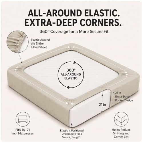 Image of CozyLux 6-Piece Queen Sheet Set, Fits 18-21 Inch Mattresses, Oeko-TEX | 4 Pillowcases, 1 Flat Sheet and 1 Fitted Sheet with All-Around Elastic and 21-Inch Deep Pocket for a Secure Fit, Beige