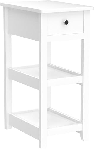 Miniatura 4 de SEJOV Mesa auxiliar, mesita de noche blanca de 3 niveles con cajón y 2 estantes, con aspecto de madera, mesas laterales estrechas para sala de