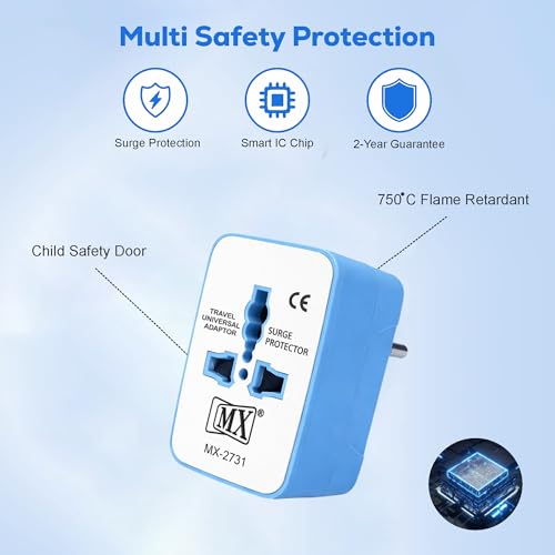 Image of MX Universal Travel Adapter All in One, Worldwide Plug Adapter for 150+ Countries, International Plug Adapter for Europe UK USA India, Multi Plug Travel Socket Compact Design (Blue)
