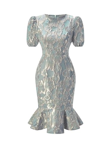 winkbay Women's Floral Jacquard Puff Sleeve Dress Elegant Bodycon Fishtail