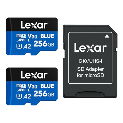 Lexar 256GB 2 Pack Blue Micro SD Card Up to 160MB/s, microSDXC UHS-I Memory Card with SD Adapter, C10, U3, A2, V30, Full HD, 4K UHD, High Speed TF Card