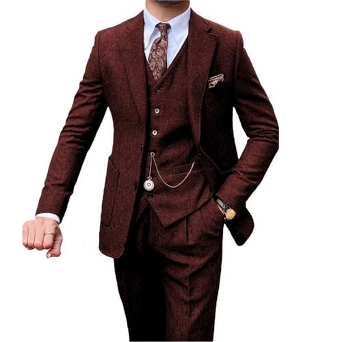 Men's Retro 3 Piece Tweed Suit,Vintage Herringbone Suit for Men's Wedding Prom Business Casual Wear,Blazer Vest Pants Set (US, Alpha, Large, Regular, Regular, Burgundy) by ANSHUHAI - Used condition - US$92.14