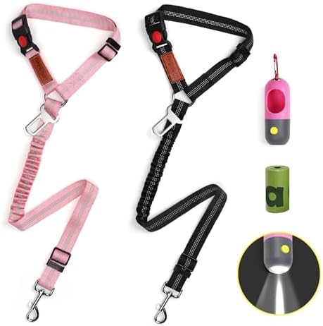 Removable Dog Seat Belt for Car iPetba Adjustable Safety Harness with Elastic Bungee Buffer Pet Vehicle Leash Restraint Secures to Headrest for Small Large Dogs (Pink)
