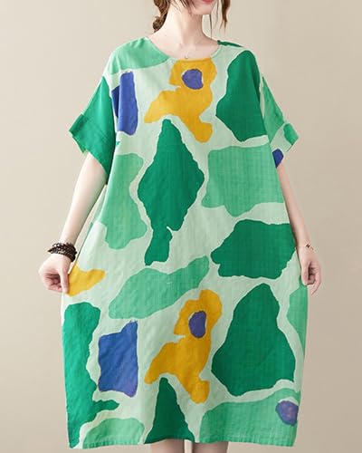 Image of LUZU JUNU Women's Summer Baggy Plus Size Loose Cotton Linen Long Boho Beach Dress with Pockets
