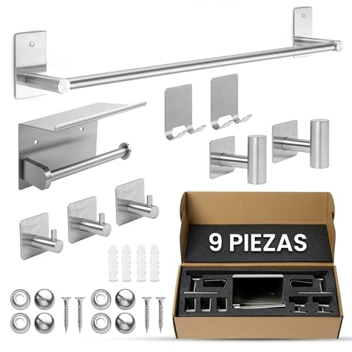 Set de 9 accesorios de baño de acero cepillado sin taladro con toallero y portarrollos 2