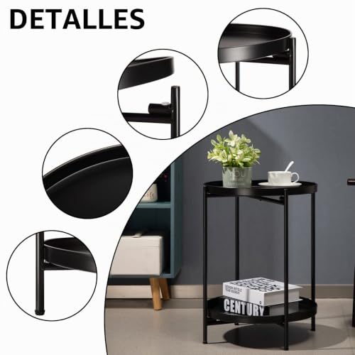 Miniatura 8 de Hollyhome Mesa Auxiliar Redonda Mesa De Café Té, Bandeja De Metal De 2 Niveles, Mesita De Noche Mesita De Sofá Para Sala De Estar Dormitorio Balcón Patio, Negro