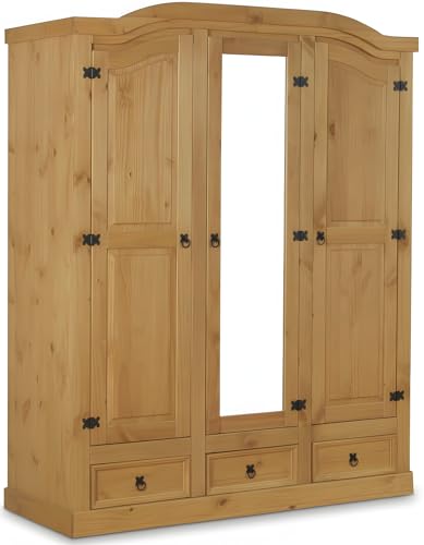 Dynamic24 Hacienda-Look – 3-türiger Kiefer Kleiderschrank New Mexico...