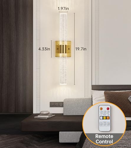 Image of Modern Crystal Wall Sconce Set of 2, Dimmable LED Bathroom Vanity Light ing Fixtures, with Remote Control, Bubble Cylindrical Wall Lights for Bathroom Bedroom Living Room Hallway,Brass