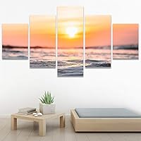 SIGNWIN 5 Panel Canvas Wall Art Coastal Orange Photography Relax/Calm Romantics Sunset Warm for Home Decorations Ready to Hang - 60