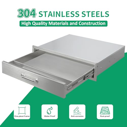 Image of Outdoor Kitchen Drawers 30 inch W x 6.5 inch H x 23 inch D Stainless Steel Single Drawers with Ergonomic Handle for BBQ Island, Patio Grill Station & Outdoor Kitchen Cabinets
