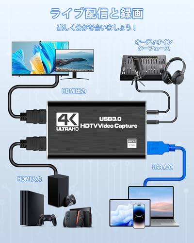 Wasachi キャプチャーボード 4K HDMI パススルー 60fps録画 USB3.0 Type-C/A デュアルポート 両用 低遅延 ゲーム実況 Switch/PS5/Xbox/iPad対応 OBS対応 1080p60fps 録画 プラグアンドプレイ 1本2役 アルミ合金