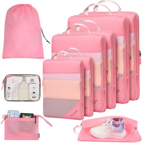 PFEYRPK Compression Packing Cubes for Travel - Compressible, Lightweight, and Space-Saving Packing Cubes, Travel Essentials for Efficient Organizers (Pink, 10 Set)