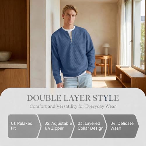 Waffle Shirts for Men Long Sleeve Quarter Zip Fall Y2k Casual Layered Shirt - image 4